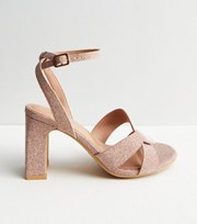 New Look Wide Fit Rose Gold Glitter 2 Part Strappy Block Heel Sandals